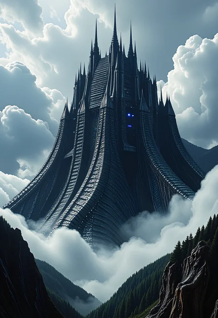 A science fiction illustration of a brutalist architecture megastructure made of reptile skin, rptlsknCE style, rising through dense clouds. It is illuminated by many tiny blue lights, with spires and cables running across it. <lora:Hyper-FLUX.1-dev-16steps-lora:0.15> <lora:Challenge_Winnifier_ENTERPRISE_EDITION_epoch_5:0> <lora:NewFantasyCoreV3_-_FLUX:1> <lora:ReptileSkin01_CE_FLUX_AIT:1>