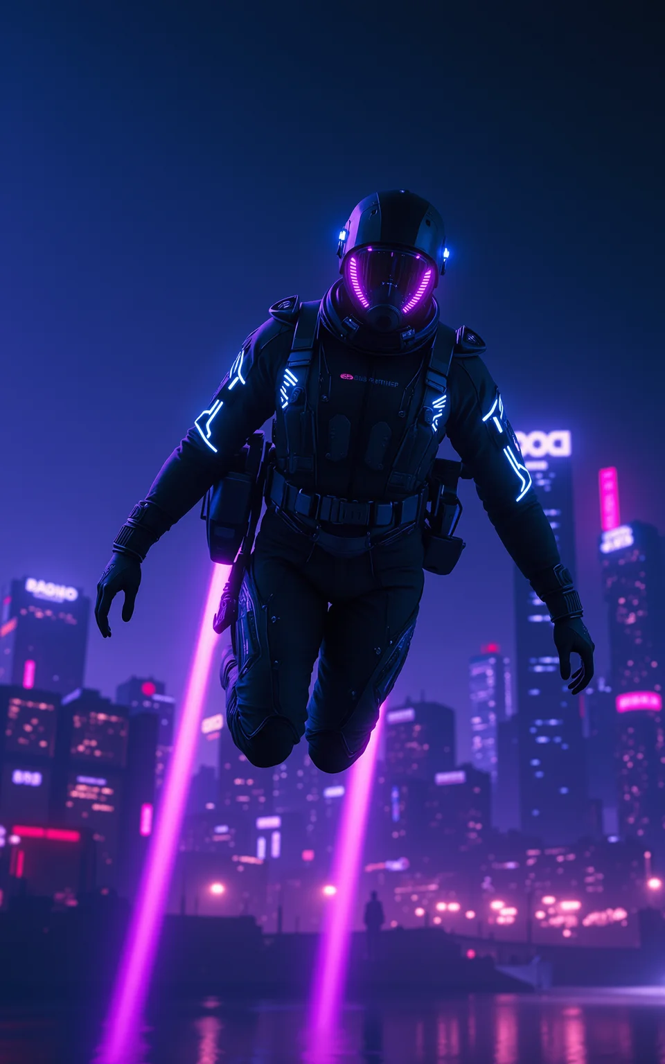 A pilot wears a black,form-fitting flight suit with glowing blue lines and high-tech armor as he glides freely through the night sky. His booster releases waves of purple ion energy. His visor reflects the neon lights of a futuristic city skyline in the distance. The scene has a cyberpunk vibe,with high-dynamic lighting effects against a starry night backdrop.,<lora:kcyberpunk-02:0.8>,kcyberpunk,