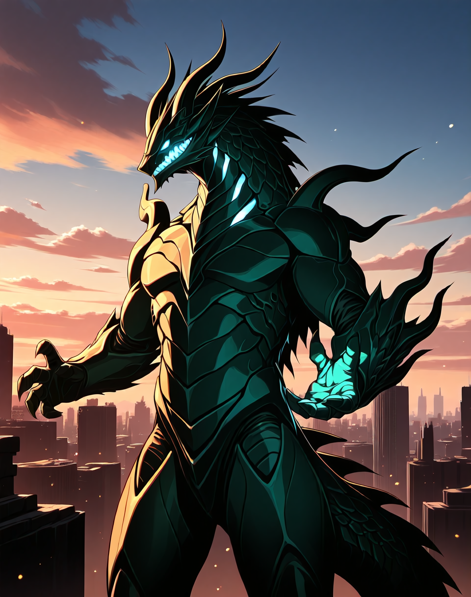 score_9, score_8_up, score_7_up,
8K, In'ei, chiaroscuro, cinematic side lighting, perfect depth of field shot, masterpiece, beautiful, sharp focus, crisp details,
<lora:Draglord_(Guyver)_(Illustrious)_(AD):1> Draglord, Guyver, dragon, 
exterior, science fiction, sky with anime clouds, summer, hot day, city skyline, 
dynamic action, bent leg, cowboy shot, 
green body, green skin, titanic, gigantic, kaiju, glowing eyes, 
BREAK Smooth Quality, IllusP0s, lazyhand, lazympos, lazynsfw,