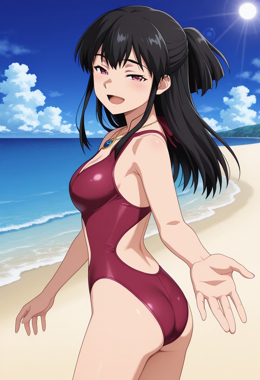 official art, detailed anime, ultra detailed anime art, anime screencap, screencap, score 9, score 8 up, score 7 up, masterpiece, anime coloring, source anime,
BREAK
RoyaKiba, 1girl, solo, black hair, ((long hair)), sidelocks, dark pink eyes, breast, navel, 
BREAK
jewelry, necklace, pendant, gem, one-piece swimsuit,clothing cutout barefoot
BREAK
cowboy shot, standing, happy face, 
<lora:looking-back-reaching-towards-viewer-illustriousxl-lora-nochekaiser:1>, looking back reaching towards viewer, looking at viewer, smile, looking back, open mouth, reaching towards viewer, beach, half-closed eyes, cowboy shot, generic beach, sea side, perfect weather, sun, blue sky, some clouds,  detailed background,