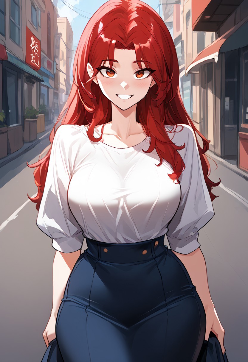 zPDXL3, score_9_up, score_8_up, score_7_up, (Anime_source), 1girl, SoYoomin, red eyes, red hair, long hair, cowboy shot, looking at viewer, smile, light blush, NFSW, red theme,