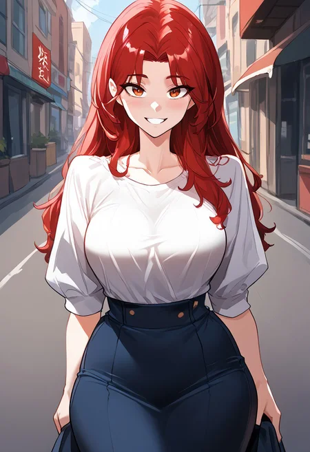 zPDXL3, score_9_up, score_8_up, score_7_up, (Anime_source), 1girl, SoYoomin, red eyes, red hair, long hair, cowboy shot, looking at viewer, smile, light blush, NFSW, red theme,
