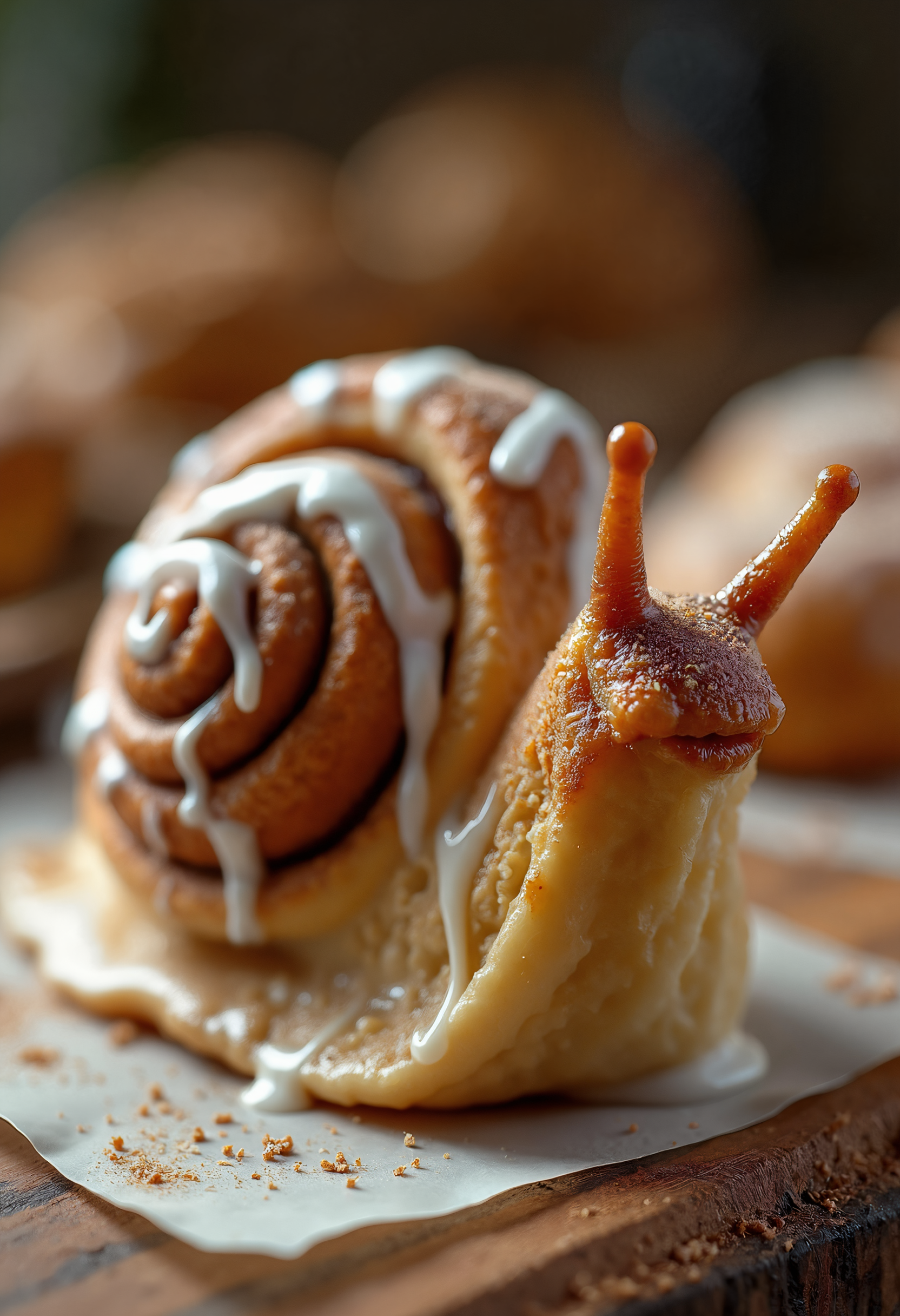 Close-up portrait of a smooth auntie anne's style doughy uncooked cinnamon roll hybrid snail made entirely of delicious gooey, sticky doughy cinnamon rolls, the shell is made of soft pillowy bread dough and is composed of a large, perfectly swirled cinnamon roll dough dripping with thick, glossy white drizzled icing, edges still raw dough with torn apart cinnamon roll texture, inside swirl is dark cinnamon filling, food photography syle photo, the snail's body formed from soft, doughy cinnamon bread, cinnamon sugar dusting the surface, the icing oozing down in thick, sweet drips, the snail's antennae made of twisted cinnamon dough, glistening with a sugary glaze, the skin of the snail is soft and warm, with swirls of cinnamon sugar embedded in the dough, doughy, unbaked, the edges of the cinnamon roll shell slightly caramelized, adding a rich golden-brown hue, the icing reflecting warm, natural light, giving the snail a glossy, delectable appearance, the scene set in a soft, blurred kitchen setting, with hints of freshly baked pastries in the background, the warm lighting emphasizing the gooey, moist textures of the cinnamon roll snail, tiny crumbs of cinnamon sugar scattered across the snail's path, the icing glistening as it slowly drips, the snail leaving a trail of sticky icing behind, an incredibly delicious and whimsical composition, the sweet aroma almost palpable, captured in a wildlife-style photograph.