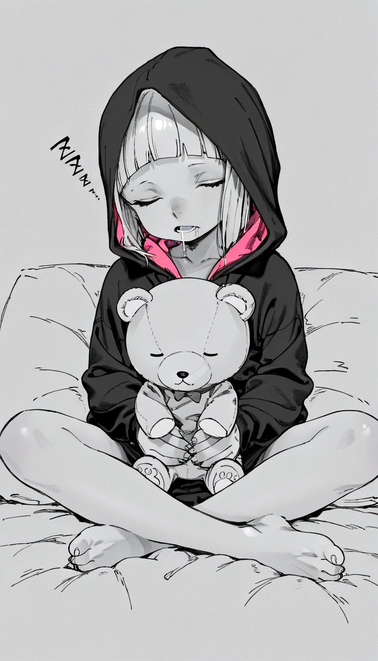 monochrome 8K,masterpiece,best quality,amazing quality,very aesthetic
hatching_/(texture/) sharp lines, shading 
1girl barefoot closed_eyes drooling holding holding_stuffed_toy hood hoodie monochrome nose_bubble open_mouth saliva short_hair sitting sketch sleeping soles solo spot_color stuffed_animal stuffed_toy teddy_bear toes zzz
