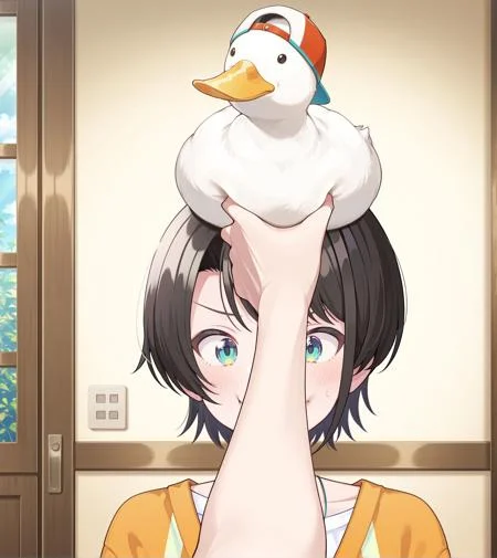 <lora:add-detail-xl:0.5>,,masterpiece,best quality,anime coloring,anime screenshot,
<lora:Cheek_Grabbing_Material:0.9>Cheek_Grabbing_Material,
1girl,duck,
duck on head,
grabbing duck,
oozora subaru, hololive, official art,
20YO, milf,
