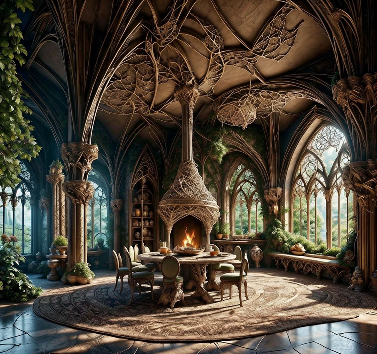RAW photo, (masterpiece:1.3), subsurface scattering, heavy shadow, (high quality:1.4), (intricate, high detail:1.2), professional photography, HDR, High Dynamic Range, realistic, ultra realistic, photorealistic, high resolution, film photography, ambient lighting, atmospheric effects, <lora:detail_slider_v4:2>, OverallDetail,   <lora:ElvenInterior:1>, arch, book, chair, cloud, elfint, food, nature, no humans, pillar, plant, reflection, rug, scenery, table, window