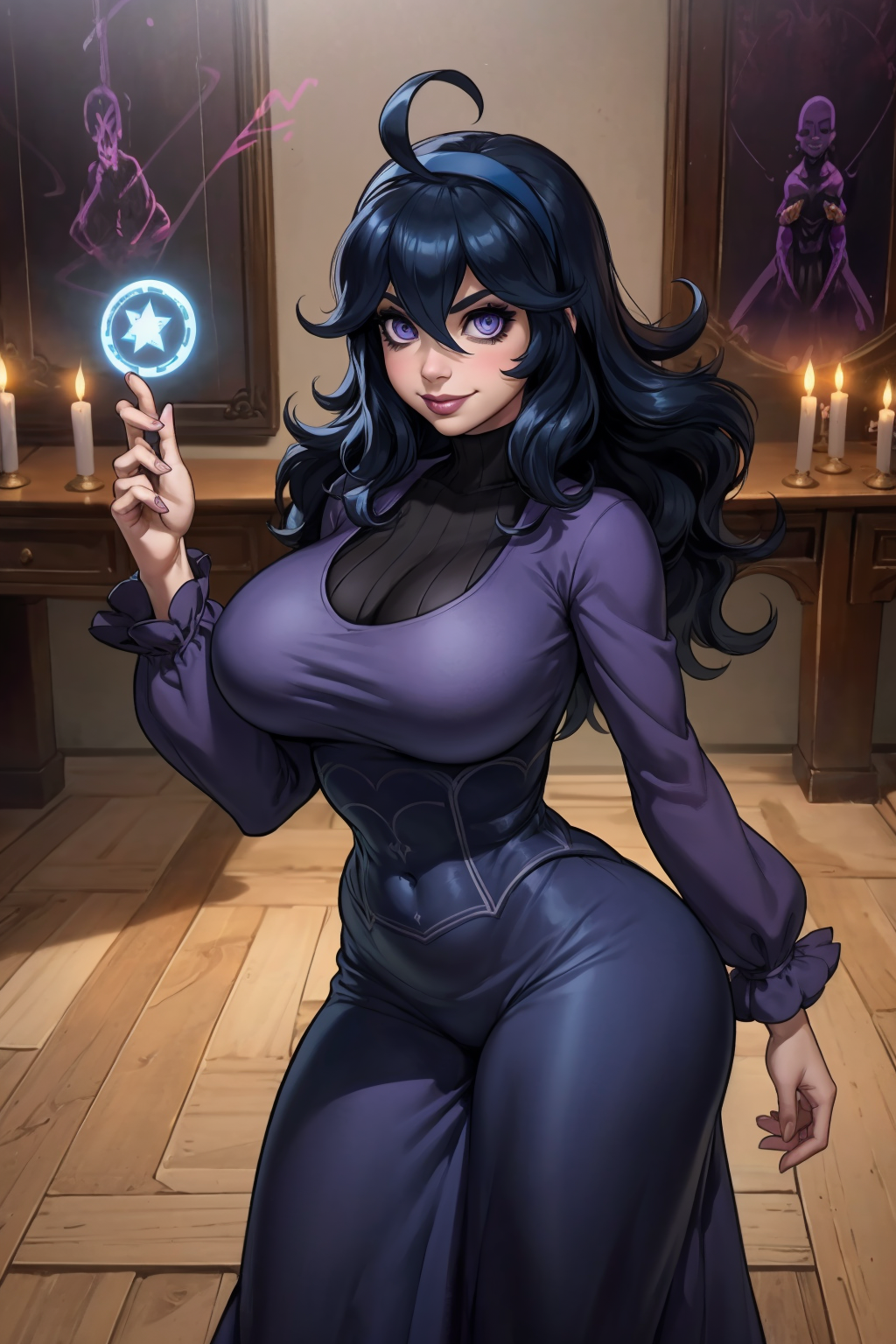 1girl, (solo:1.2), (standing:1.3), (posing for the camera:1.3), (cowboy shot:1.5), smile, happy, at ease, (curvy:1.2), (pinup shoot:1.2), (masterpiece:1.3), (best quality:1.3), (perfect anatomy:1.4), highly detailed, <lora:Dandonfuga [MockAi - v1.0]:0.8> dandonfuga, realistic, glossy, smooth shading, (magic circle on the floor:1.3), (chalk drawings on floor:1.2), lit candles, candle wax, (blue magic:1.4), (inside:1.2), (wooden floor), (dimly lit:1.5), (dramatic lighting:1.3), (illuminated by magic:1.2), occult, <lora:Hex Maniac [h_madoka - v1.0]:0.7> aahex, hex maniac \(pokemon\), long hair, ahoge, purple hairband, purple eyes, @_@, huge breasts, long dress, black dress, long sleeves