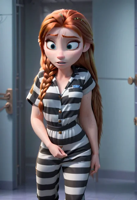 modisn disney, Pixar, mid shot, Anna in an intake room, long hair, Anna in a Black_White_Striped_Jumpsuit, Anna, frowning, sad, wearing a ((Black_White_Striped_Jumpsuit, short sleeved top)), intake room background, prison guards in background, hands behind head,