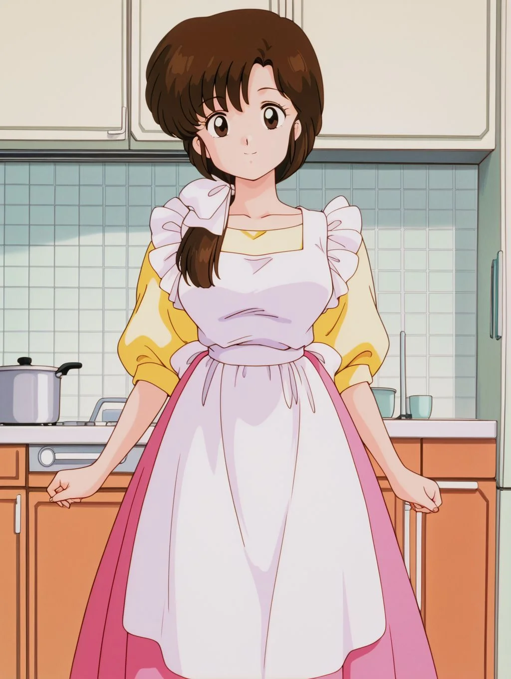 masterpiece, best quality, newest, absurdres, highres, detailed eyes, beautiful, detailed background, perfect eyes, anime coloring, anime screencap, 1990s \(style\), 1girl, solo, tendo kasumi, brown hair, short hair, ponytail, hair over shoulder, bangs, brown eyes, medium breasts, yellow shirt, short puffy sleeves, pink long skirt, apron, socks, looking at viewer, smile, (indoors, kitchen), <lora:k4sum1_rnm-10:0.8>