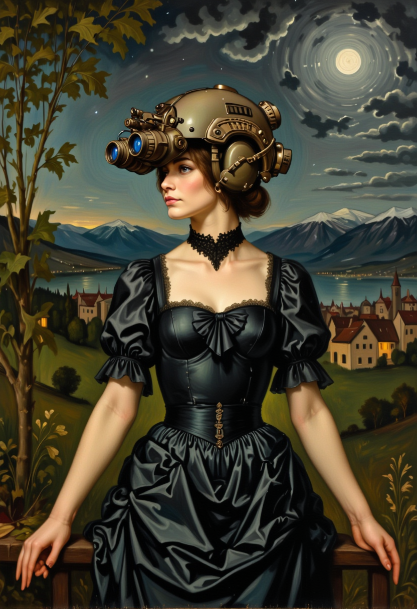 a woman wearing a modern military helmet equipped with night vision goggles. She is dressed in a dark, Victorian-era gown with full sleeves and a fitted bodice, suggesting a formal or high-status occasion from that historical period. The background features a detailed nocturnal landscape with lush foliage to the left, an illuminated full moon in the sky amidst scattered clouds, and a serene village or cityscape below with buildings that have lit windows. The art style of this image is reminiscent of classical oil painting techniques, characterized by realistic proportions, attention to texture and light, and meticulous detail in both the subject and the environment. This juxtaposition of modern military equipment on period clothing set against a classical painting backdrop makes the image intriguing as it blends different time periods and elements into one cohesive piece.