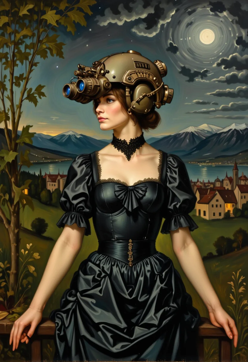 a woman wearing a modern military helmet equipped with night vision goggles. She is dressed in a dark, Victorian-era gown with full sleeves and a fitted bodice, suggesting a formal or high-status occasion from that historical period. The background features a detailed nocturnal landscape with lush foliage to the left, an illuminated full moon in the sky amidst scattered clouds, and a serene village or cityscape below with buildings that have lit windows. The art style of this image is reminiscent of classical oil painting techniques, characterized by realistic proportions, attention to texture and light, and meticulous detail in both the subject and the environment. This juxtaposition of modern military equipment on period clothing set against a classical painting backdrop makes the image intriguing as it blends different time periods and elements into one cohesive piece.