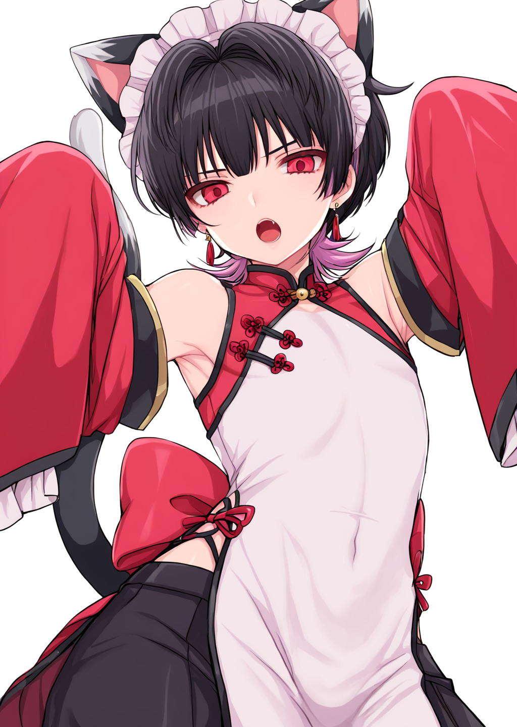 <lora:ShimizuAkina250208:1>,ShimizuAkina,OcBoy,1boy,animal ears,cat ears,black hair,tail,cat tail,male focus,solo,earrings,open mouth,jewelry,cat boy,maid headdress,looking at viewer,chinese clothes,sleeves past fingers,white background,red eyes,maid,sleeves past wrists,multicolored hair,simple background,long sleeves,detached sleeves,<lora:NOOB_vp1_detailer_by_volnovik_v1:1>,<lora:noobai_ep11_stabilizer_v0.138_fp16:1>,
