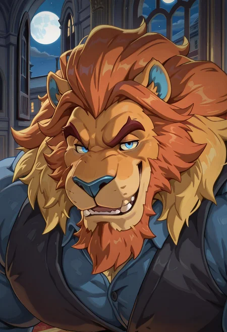 masterpiece, best quality, amazing quality, BKing, heavy chin, furry male, solo, fangs, beard, (blue ears, blue nose, orange hair, red bangs, yellow highlights, orange skin), mansion, at night, moon, long window, huge muscular lion, (very friendly, warm smile), blue eyes, face close up, front view, black vest, blue shirt, blue sleeves