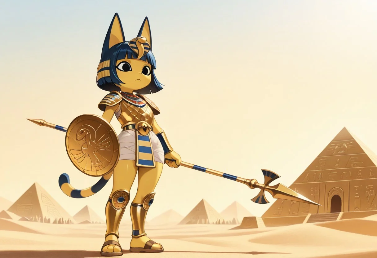 masterpiece, best quality, ultra-detailed, amazing quality, very aesthetic, chiaroscuro, 1girl, solo, ankhaILL, cat ears, tail, cat girl, cat tail, bangs, egyptian armor, snake hair ornament, blunt bangs, blue hair, bob cut, black eyes, colored skin, striped tail, short hair, furry, furry female, anthro, standing, outdoors, desert, pyramids, temple, holding shield, holding spear, shoulder armor, shoulder pads, gold trim, ankh, hieroglyphs, egyptian breastplate, sandals, greaves, egyptian helmet,