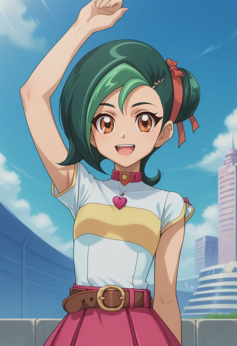 score_9, score_8_up, score_7_up, source_anime, highly detailed, 
tori, 1girl, green hair, solo, hair bun, belt, skirt, multicolored hair, two-tone hair,
open mouth, brown eyes, single hair bun, ribbon, hair ribbon, arm up, smile, :d
outdoor, sky,