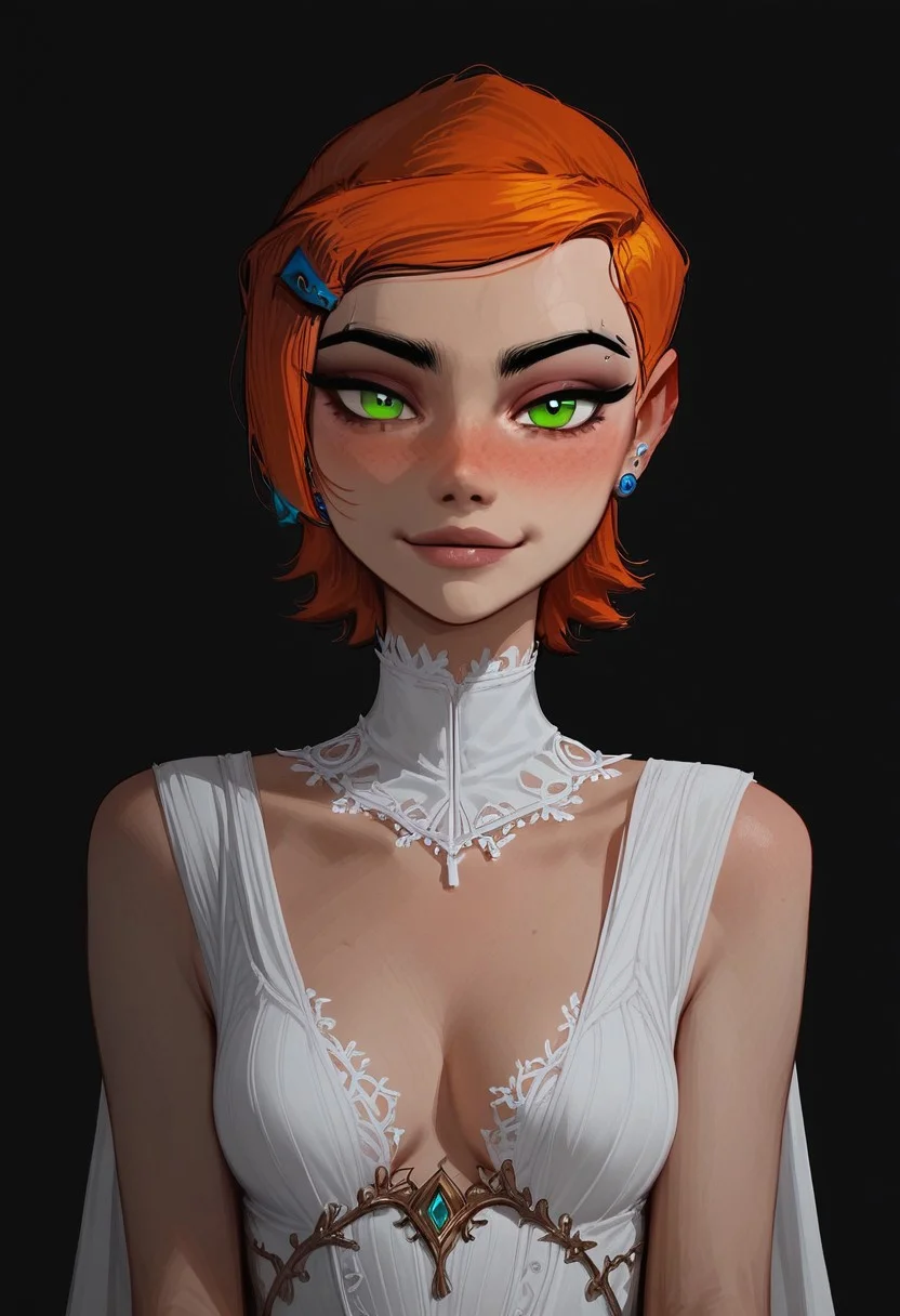 score_9, score_8_up, score_8. score_9, score_8_up, score_7_up, score_6_up, masterpiece, 4k, high quality, (best quality:1.1), ExpressiveH,(close up)
1girl, gwen tennyson (/Ben10)/,(ultra HD quality details), bright orange hair, short hair, (green eyes), medium breasts, blushing, looking at viewer, seductive smile, g0dd3ss, white dress, cleavage
black background