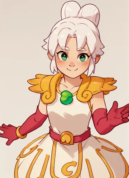 score_9, score_8_up, score_7_up, <lora:lunpiper:1>lunpiper , 1 girl , solo , white hair, doble high ponytail, double bun, green eyes, yellow Shoulder pads ,white dress, dress, red belt , red elbow gloves, yellow bracelet, looking at viewer, <lora:Yagi_the_Goat_Style:1>by s1120411 ,smile, blush,