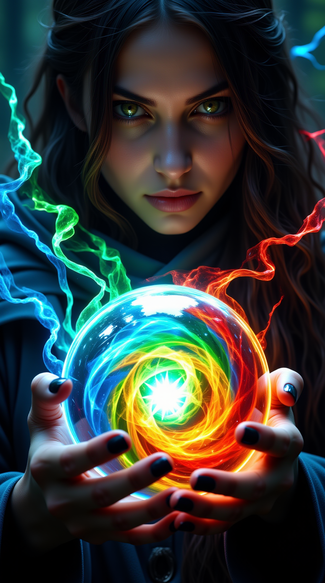 A cinematic close-up shot of a powerful sorceress holding a mesmerizing orb of swirling elemental magic in her hands. The orb glows brilliantly with intertwining streams of blue, green, red, and yellow energy, each color representing a different elemental force. The magic dances and shifts, sending radiant beams of multicolored light spiraling around her fingers. Her intense gaze is locked onto the orb, with the vibrant hues reflecting in her piercing eyes. The cinematic lighting casts shadows across her face, emphasizing her control and mastery over the raw, primal elements swirling within the vibrant, glowing sphere.
