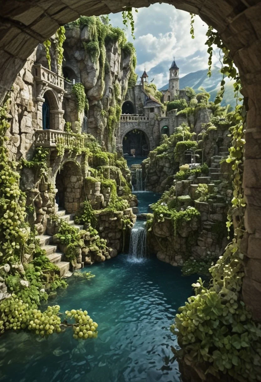 mixed media style, glazing, furry, abstract, surrealism. water, white grapes, ivy, flowers, gondola, northern lights, shonari, day, grotto, forged and stone sculptures in the landscape. layout, tilt-shift, interesting. three-dimensional 3D image, new artistic composition in the fantasy style, fairy tale, professional photo, convex, openwork, a lot of complex details, voluminous, multi-layered, beautiful, photorealistic, detailed. colored ink