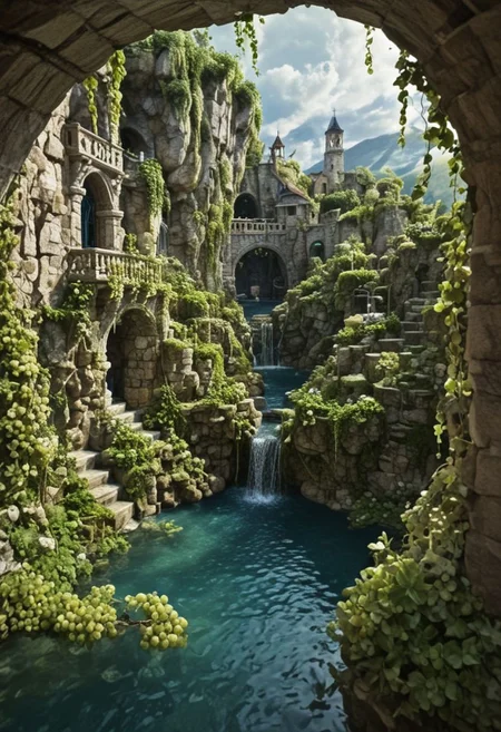 mixed media style, glazing, furry, abstract, surrealism. water, white grapes, ivy, flowers, gondola, northern lights, shonari, day, grotto, forged and stone sculptures in the landscape. layout, tilt-shift, interesting. three-dimensional 3D image, new artistic composition in the fantasy style, fairy tale, professional photo, convex, openwork, a lot of complex details, voluminous, multi-layered, beautiful, photorealistic, detailed. colored ink