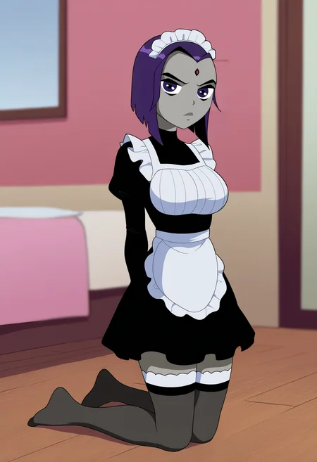 masterpiece, best quality, very aesthetic, absurdres,
1girl, rachelroth, purple hair, short hair, purple eyes, grey skin. forehead jewel,
large breasts, arms behind back,
maid outfit, kneeling on floor, stockings, looking at viewer, solo, indoors, bedroom background, <lora:RavenTTNoobXL_byKonan:1>
