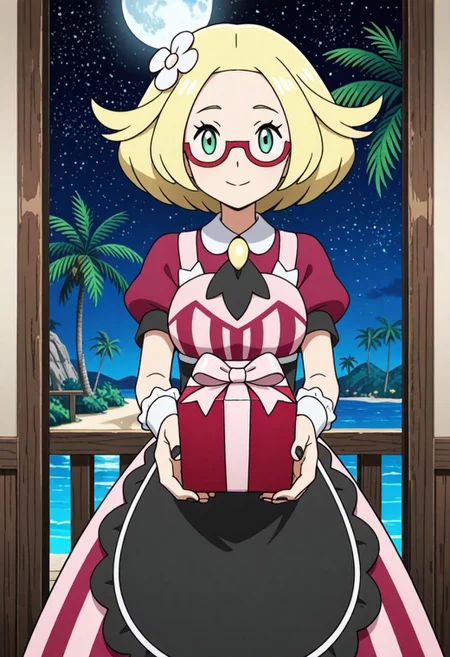 2d, masterpiece, best quality, amazing quality, highres, absurdres, newest, 1girl, solo, standing, night, starry sky, moon, colorful, palm tree, landscape, upper body, close-up, mature female, grown-up, adult body, wide-hips, aged up, palmarnie, bianca \(pokemon\), green eyes, blonde hair, medium hair, glasses, semi rimless eyewear, red framed eyewear, black nails, hair ribbon, pink ribbon, hair flower, white flower, collared dress, striped dress, puffy short sleeves, black ascot, wrist cuffs, waist apron, black apron, black pantyhose, multicolored dress, red dress, pink dress, leaning forwatd, looking at viewer, holding gift, incoming gift