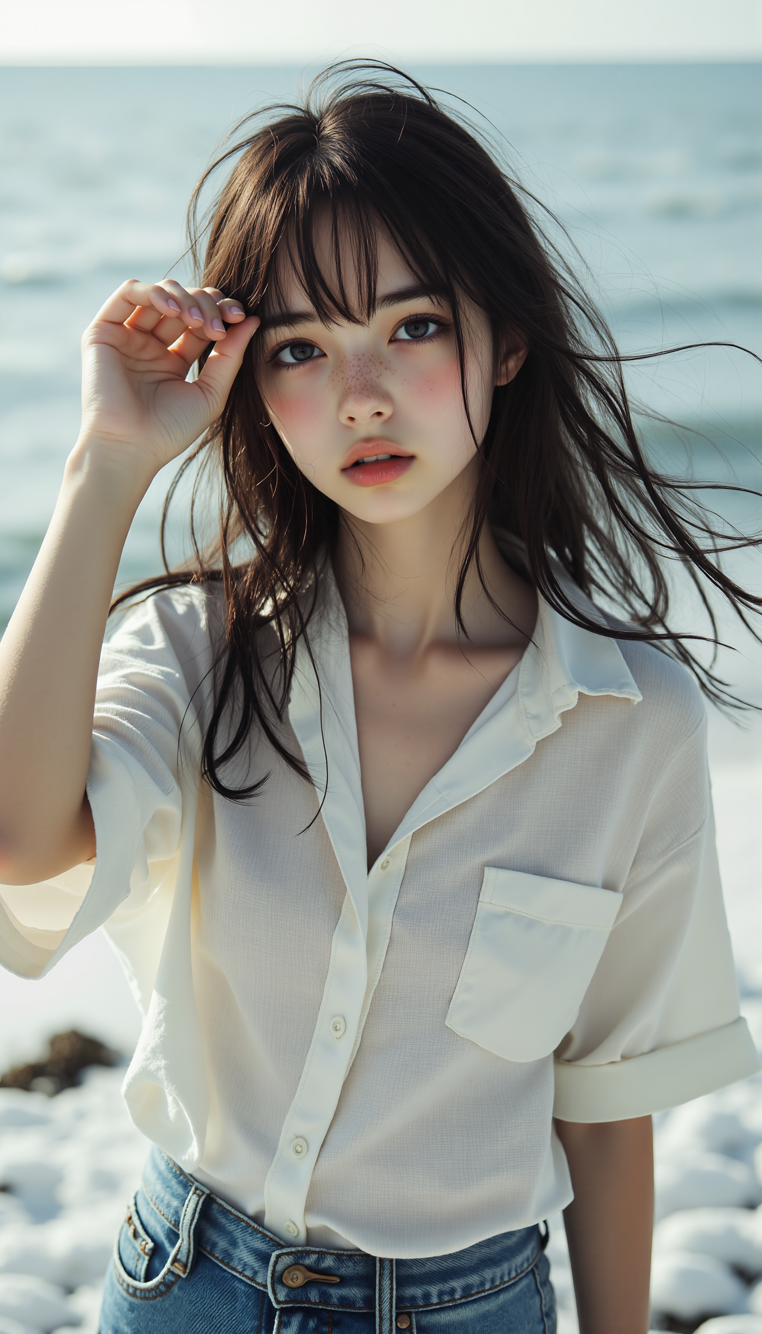 1girl, beautiful detailed face, small face, beautifully complex colored iris, detailed beautiful hair, (hair blowing in the wind), delicate, looking at the viewer, loose linen button-up shirt, denim shorts, slides, 
break Model with one hand raised to her forehead, shielding her eyes, as if looking into the distance,  cowboyshot, (three quarter view:0.6), (from above:0.4), (dutch angle:0.4),
break beautiful scenery, cinematic, LUT, burry foreground, blurry background, cinematic lighting, volumetric lighting, snow effects, gradient, monochrome, artistic filter, long exposure, detailed beautiful color, line art, high contrast, subtle shadows, complex shading, chromatic aberration, iridescent, HDR, depth of field, bokeh,
BREAK masterpiece, official art, amazing quality, best quality, high quality, ultra high res, very aesthetic, absurdres, highly detailed, extremely detailed, intricate details, fine texture, crisp detail, crisp edges, wallpaper, 32K, UHD,  midjourney_whisper_innocent_eyes, <lora:midjourney_whisper_innocent_eyes_v01:1>,