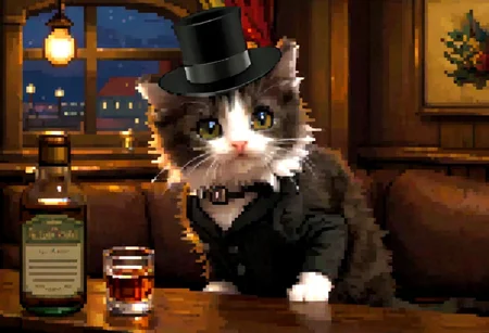 (pixel-art), modeltrue, houdinicat, best quality, 4k, hd, a cat with a black top hat in a bar looking nostalgic smoking a cigar, indoors, instrument, (1cat), silly_cat, standing, window, table , bottle, hat, smile, looking_at_viewer, scenery, guitar, chair, night, glasses, curtains, lantern, depth_of_field, realistic, couch, shadow, choker, jacket, light, fire, open_clothes, profile, low light, ray tracing, melancholic, dutch_angle