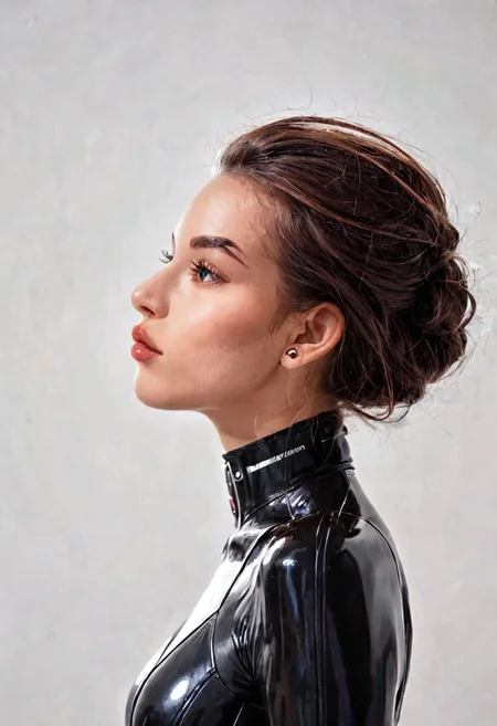 score_9, Raw Photo, (left side profile portrait:1.3), 4ng3l face, sorrowful blue eye from side, elegant jawline, tousled brown hair swept left:1.1, natural styled eyebrow arch, prominent high cheekbone, downturned soft lips in profile:1.2, no smile:1.4, melancholic side glance, perfect profile symmetry:1.2, clear side view of neck:1.1, ultra sharp facial details:1.4, sleek high-tech bodysuit collar, dramatic side lighting:1.3, cinematic color grading, sharp details:1.4, realistic skin texture:1.4, super detailed, photo realistic, masterpiece
