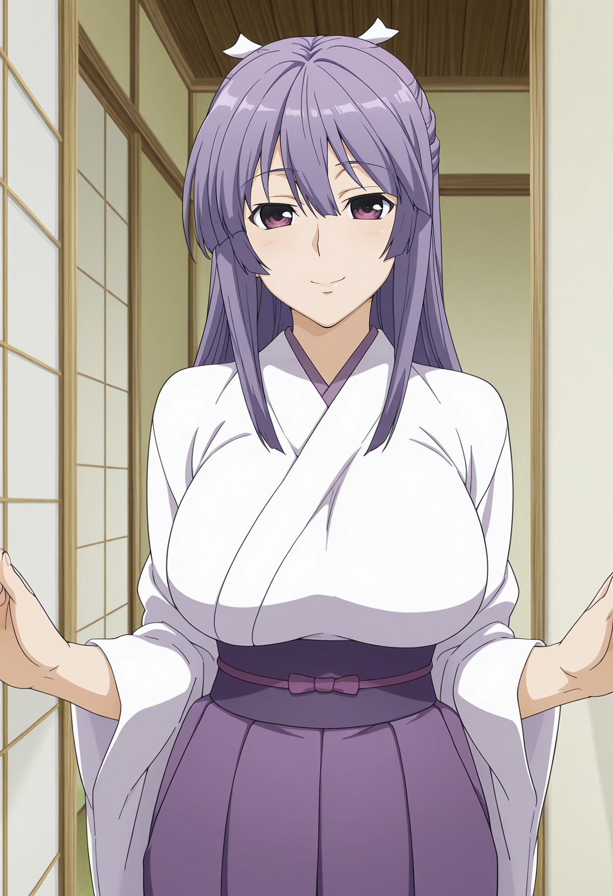 1girl,solo,mm,mature female,long hair,purple hair,purple eyes,half updo,hair ribbon,large breasts,anime coloring,
miko,kimono,purple hakama,white kimono,looking at viewer, smile,indoors
,masterpiece,best quality,amazing quality,<lora:Miya_Asama-Sekirei:0.8>
