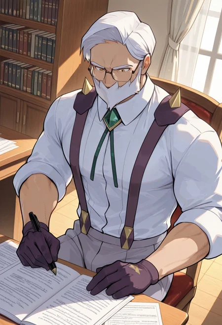 masterpiece, best quality, newest, extreme detail description, amazing quality, 1boy, solo, dr4yd3n_pkmn, mature male, muscular male, white hair, facial hair, yellow eyes, white shirt, suspenders, spikes, gem, purple gloves, gray pants, glasses, sitting on chair, desk, papers, holding pen, writing, from above, dutch angle, bookshelf, light filtering through the window, curtains