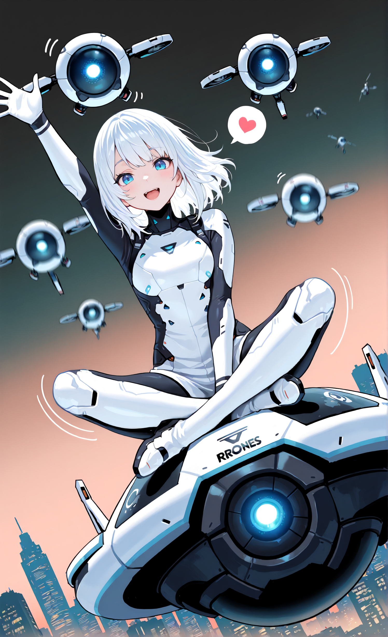 masterpiece, sharp detail, intricate detail, 1girl, medium hair, white hair, blue eyes, smile, looking at viewer, dynamic angle, dutch angle, motion lines, motion blur,  sitting on drone, indian style,  spoken heart, drones, open mouth, waving arm, floating,  <lora:Improved Anime Drones:0.8> science fiction,   gradient background, soft gradient, cityscape background,