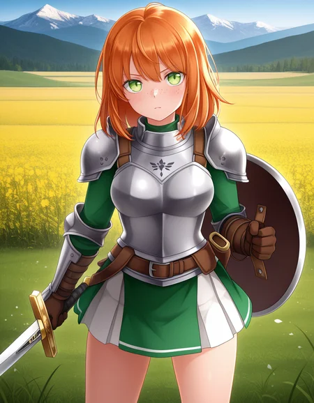 (n1n4m0), <lora:1_illu_ninamo_24e:1>, 1girl, armor, sword and shield, skirt, freckles, orange hair, medium hair, green eyes, field, mountains, (masterpiece, best quality, amazing quality),