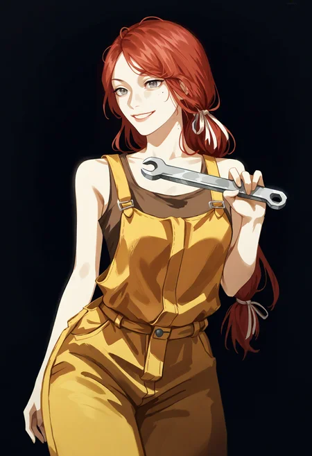 score_9, score_8_up, score_7_up, score_6_up, score_5_up, score_4_up,
BREAK
1girl, abella funger, red hair, grey eyes, light smile, low-tied long hair, long hair, hair ribbon, tied hair, swept bangs,
BREAK
standing, yellow overalls, medium breasts, brown tank top, holding large wrench, weapon over shoulder,
BREAK
black background, simple background, dynamic pose, dark, <lora:Lunas-Uqi32-SDXL-A1:1> <lora:Lunas-Abella-Funger-SDXL-A1:1>
