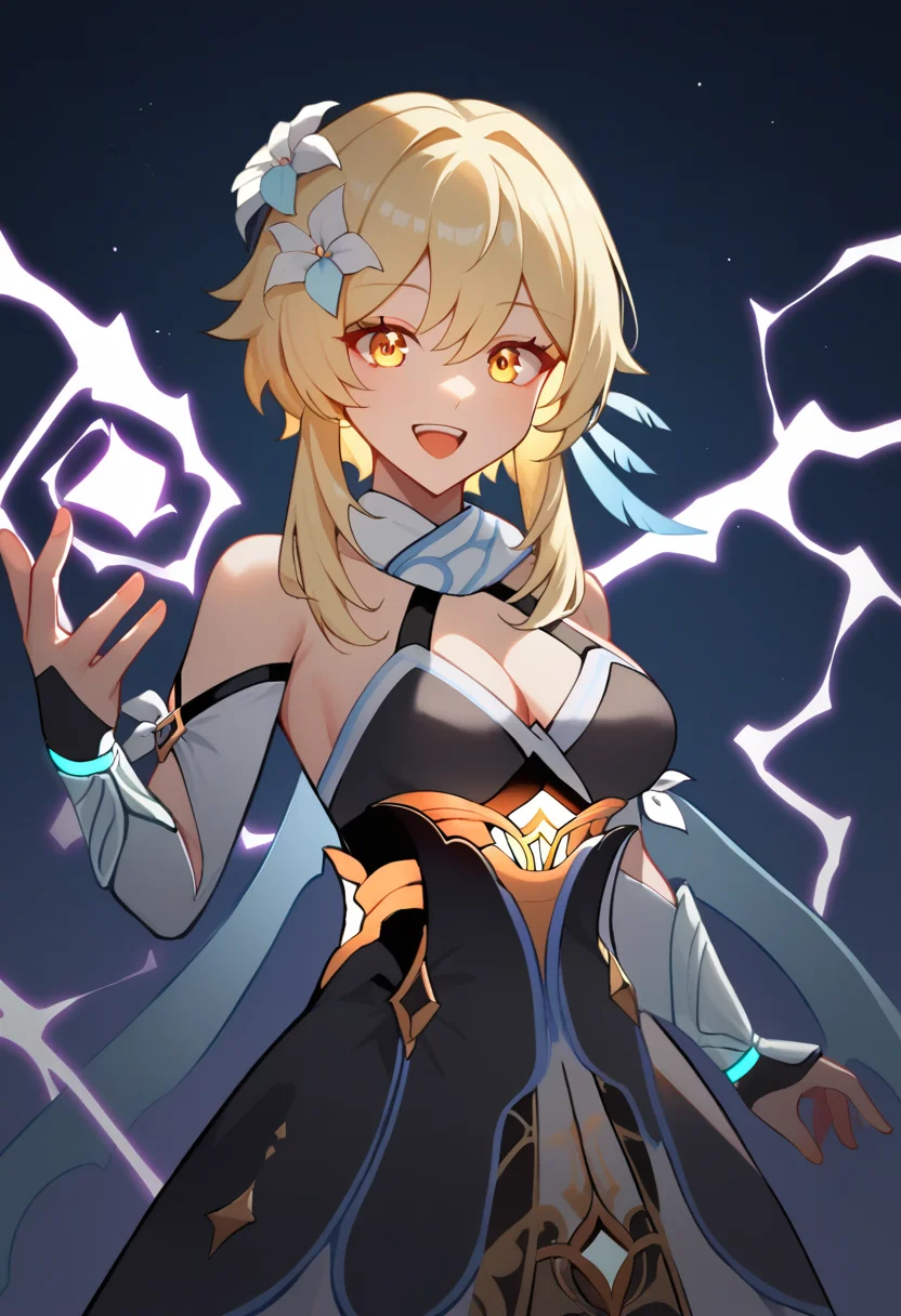 score_9,score_8_up,score_7_up,<lora:aether_lumine_pony:1>,alternate_hairstyle,black_dress,highres,electricity,smile,looking_at_viewer,black_sleeves,1girl,lumine_\(genshin_impact\),dark_persona,hair_flower,breasts,corruption,open_mouth,solo,
