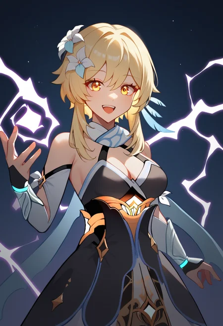 score_9,score_8_up,score_7_up,<lora:aether_lumine_pony:1>,alternate_hairstyle,black_dress,highres,electricity,smile,looking_at_viewer,black_sleeves,1girl,lumine_\(genshin_impact\),dark_persona,hair_flower,breasts,corruption,open_mouth,solo,