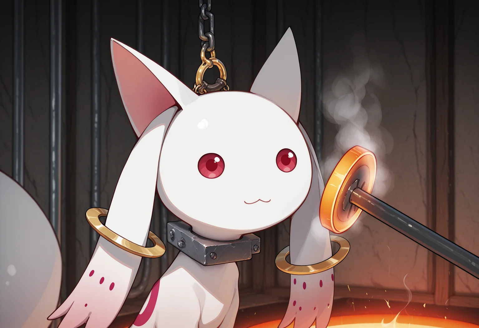 masterpiece, best quality, amazing quality, perfect anatomy, absurdres, very aesthetic, <lora:Kyubey:1>, Kyubey, feral, creature, four ears, pointy cat ears, pink inner ears, long ears with pink fade, golden rings on ears, no nose, red eyes, no sclera, circular eyes, :3, clear face, expressionless, <lora:Branding_Iron_IL_v1.0:0.8>, branding iron, imminent branding, bound, hanging, restrained, steam, holding branding iron, circular iron, portrait, <lora:sdxl2-flat2-512b:-1>