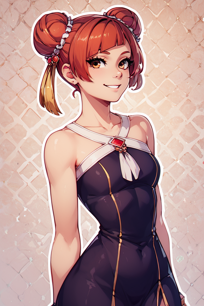 score_9, score_8_up, score_8, medium breasts, (curvy), cute, eyelashes,       BREAK, ,  zzLaufen, hair bun, double bun, red hair, short hair, brown hair, brown eyes, hair ornament, bare shoulders, black dress, collarbone,  <lora:LaufenFrieren_PDXL_v1:0.8>,  , BREAK, smile, looking at viewer, ,,, abstract background, white outline, cowboy shot, ,,, embedding:zPDXL, Expressiveh, ,,, <lora:CatalystStylePDXL:0.6>, <lora:SDXLFaeTastic2400:0.5>, <lora:Expressive_H-000001:0.4>,