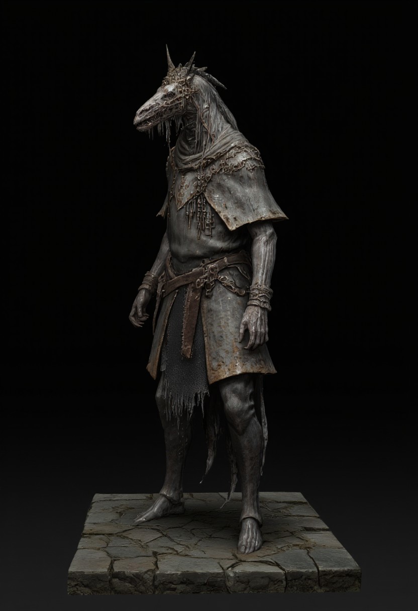 malformed hobo Miner lizardman in a roman soldier armor mixed with legionnaire attire, horse shaped skull, elongated snout
Standing on a flat ground
Set against a solid dark black color background to emphasize its unsettling unnatural form that emphasizes its silhouette. The medium is not a traditional painting or illustrative medium like watercolor or ink but rather a digital 3D rendering.
MikeFranchinastyle, bbstyle,, horror theme,, ZBClay model of a gray sculpture, zbrush, d4arks0uls, overcast lighting