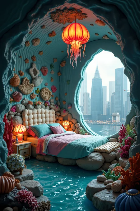 In a whimsical room inspired by The Little Mermaid a cozy bed carved from a large, smooth stone rises majestically from the depths of a turbulent ocean. The bed is adorned with seashell-patterned linens and shimmering fabrics that mimic the waves. Above, colorful jellyfish lamps cast a soft glow, illuminating the space with an enchanting light. Through the window, an ordinary cityscape of towering high-rise buildings can be seen, creating a surreal contrast to the underwater theme inside. Coral and seaweed accents blend with the decor, enhancing the sense of a mermaid's secret sanctuary amid a bustling urban environment.