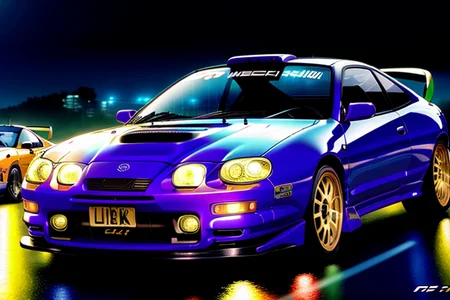 masterpiece,best quality,official art,extremely detailed CG unity 8k wallpaper,illustration, ((TUNED RALLY car)), bright, sports car, vehicle focus, road, ((need for speed)),((NFS)), moving, wet, (((NIGHT))),neon lights,drift, <lora:CELICA6:0.8>, (CELICA6) <lora:urushisato:1> ((urushisato))
