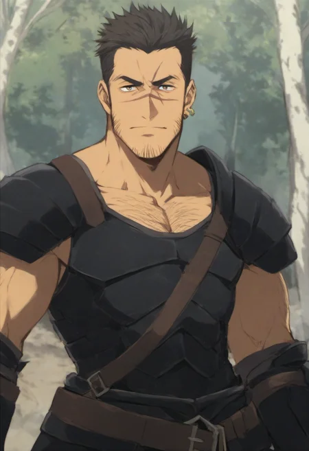 1boy, GridHalf, (scar on face), scar over nose, cross scar, facial hair, earring, black armor, score_8_up, score_7_up, score_6_up, score_9_up, face_focus, a muscular male soldier stand at forest, fantasy, ancient ,medieval, short hair, hairy, muscular, centered, looking at viewer,  8k uhd, high quality,