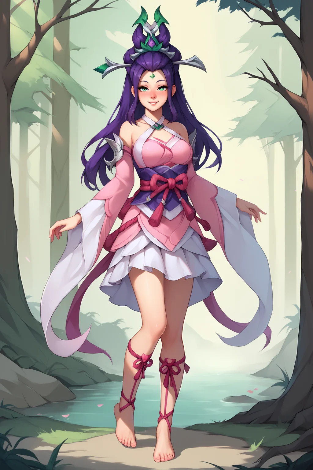 score_9, score_8_up, score_7_up, score_6_up, BREAK, JannaSSPXL, green eyes, purple hair, long hair, hair ornament, green forehead jewel, medium breasts, bare shoulders, pink dress, detached sleeves, long sleeves, purple sash, pink ribbon, white skirt, leg ribbon, barefoot, solo, full body, standing, seductive smile, looking at viewer, naughty face, nose blush, forest, tree <lora:JannaSSPXL:0.8>