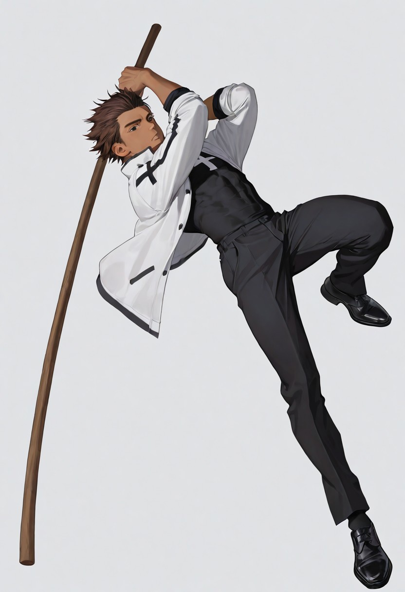 very awa, masterpiece, best quality, absurdres, newest, perfect quality, intricate details, realistic,
solo, male focus, full body, 
brown hair, slicked back hair, spiky hair
brown skin, toned body, lithe body, wide shoulders, 
black eyes, black undershirt with big white cross print,
white polo jacket, rolled up sleeves,, open jacket. black trousers, black dress shoes,
wooden bo staff,
action pose, masculine pose,
plain white background, dynamic lighting, dynamic angle,