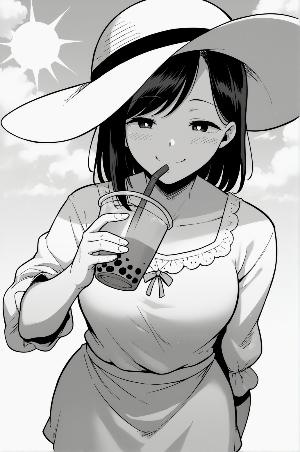 score_9, score_8_up, score_7_up, monochrome, manga_source, best background, detailed background, manga, greyscale   Yumiko, long, dress, shorts sleeves, sun hat, smug, dynamic angle, dynamic camera, drinking, bubble tea,  <lora:JN_Yumiko:0.8>