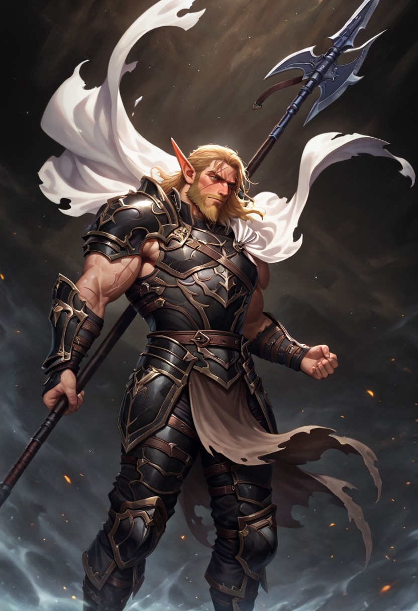 masterpiece, best quality, newest, absurdres, highres, 
D3-ART-V1.0, 
1boy, manly, elf, beard, muscular male, blonde, blonde hair, pointy ears, scar, scar on face, armor, cape, chestplate, chest armor, black armor, black leather, white cape,
dynamic pose, polearm, holding polearm, holding weapon, weapon, halberd, holding halberd
