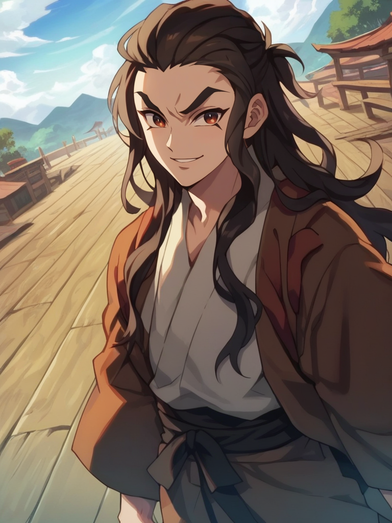 score_9, score_8_up, score_7_up,score_6_up, 1boy, dynamic pose, cowboy shot, looking at viewer, sexually suggestive, evil smile, dutch angle, valley, vegetation, sky,
 <lora:AHotaruHaganezuka_character:1>, HotaruXL, long hair, brown hair, japanese clothes, long sleeves, kimono, haori, anime screencap, anime coloring,