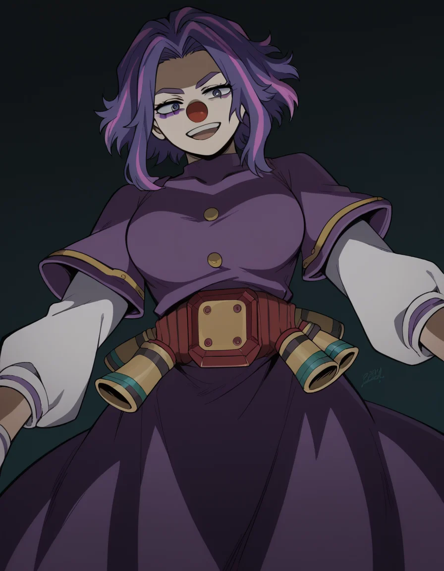 score_9, score_8_up, score_7_up, source_anime, <lora:kaina-tsutsumi-s5-ponyxl-lora-nochekaiser:1>, kaina tsutsumi, purple hair, pink hair, streaked hair, purple eyes, short hair, parted bangs, large breasts,, <lora:clown-ponyxl-lora-nochekaiser:1>, clown, makeup, clown nose, facepaint, gloves, long sleeves, frills, dress,, smile, open mouth, smug, , dutch angle, cowboy shot
