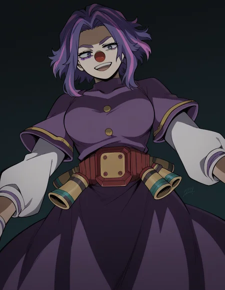 score_9, score_8_up, score_7_up, source_anime, <lora:kaina-tsutsumi-s5-ponyxl-lora-nochekaiser:1>, kaina tsutsumi, purple hair, pink hair, streaked hair, purple eyes, short hair, parted bangs, large breasts,, <lora:clown-ponyxl-lora-nochekaiser:1>, clown, makeup, clown nose, facepaint, gloves, long sleeves, frills, dress,, smile, open mouth, smug, , dutch angle, cowboy shot