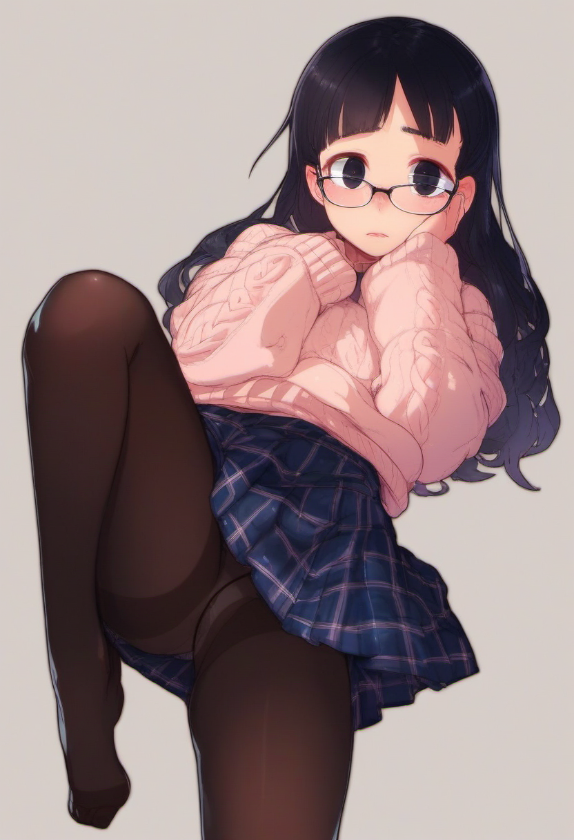 zPDXL, zPDXLxxx, score_9, score_8_up, score_7_up, score_6_up, score_5_up, score_4_up, BREAK rating_safe, <lora:Tsukusun_for_PonyXL:1>, tsukusun, 1girl, solo, pantyhose, glasses, skirt, black hair, sweater, plaid, plaid skirt, long hair, black eyes, black pantyhose